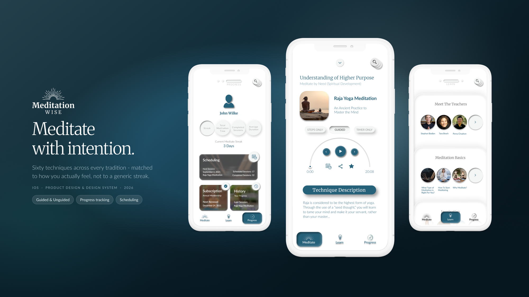 MeditationWise: Meditate with intention. Sixty techniques across every tradition, matched to how you actually feel, not to a generic streak. Phone mockups of the progress, meditation, and learn screens.